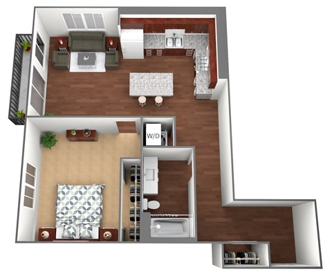 Floor plan for 1 bed, 1 bath, 768 sqft